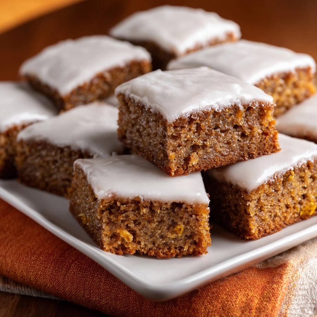Saftige Orange-Gewürzkuchen-Schnitten, gestapelt auf einem weißen Teller, zeigen die saftige Textur und die makellose Glasur.