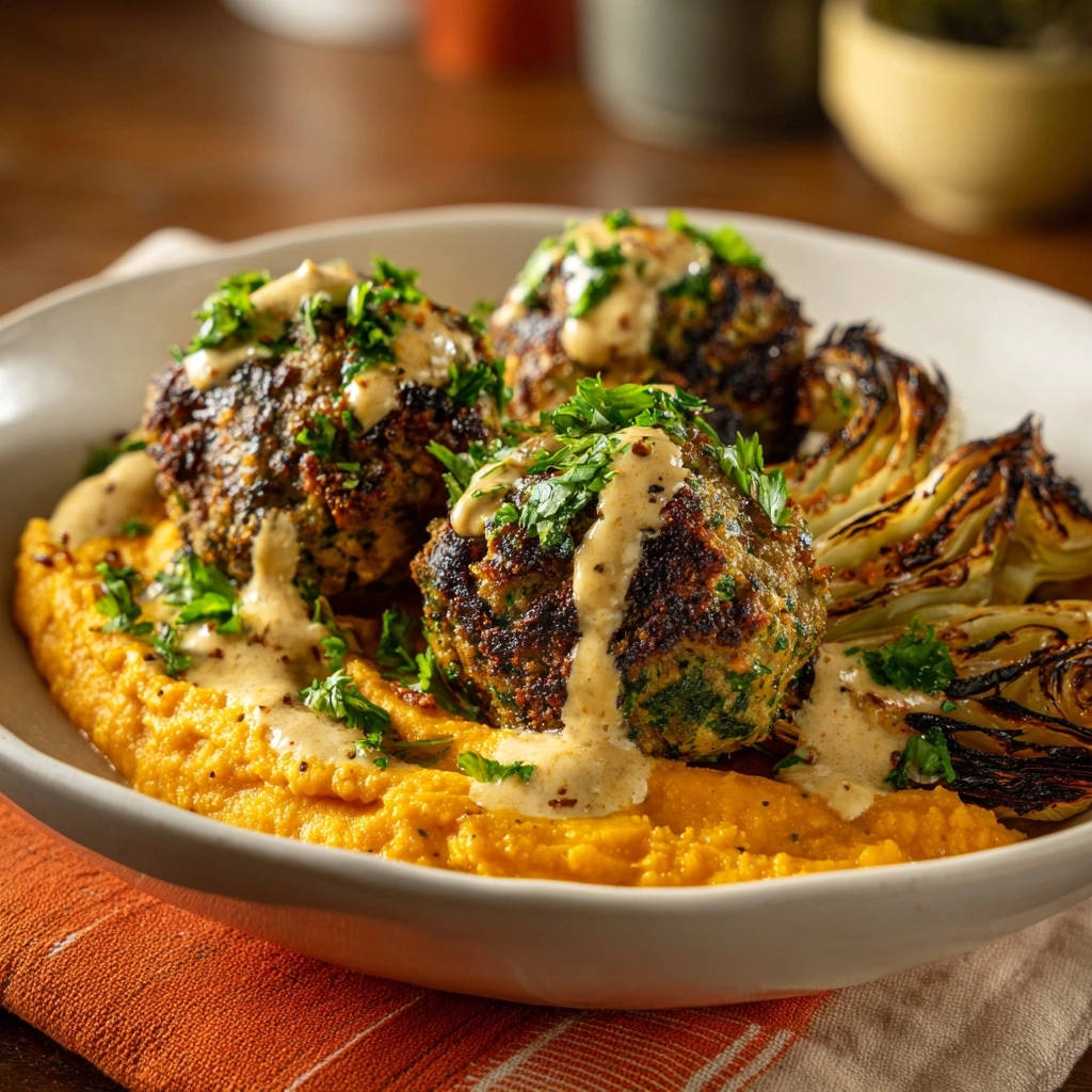 Saftige Orient Frikadellen Serviert Nahaufnahme 1 Saftige Orient-Frikadellen serviert in einer Schüssel mit cremigem Süßkartoffelpüree, gerösteten Zwiebeln und einer köstlichen Sauce.