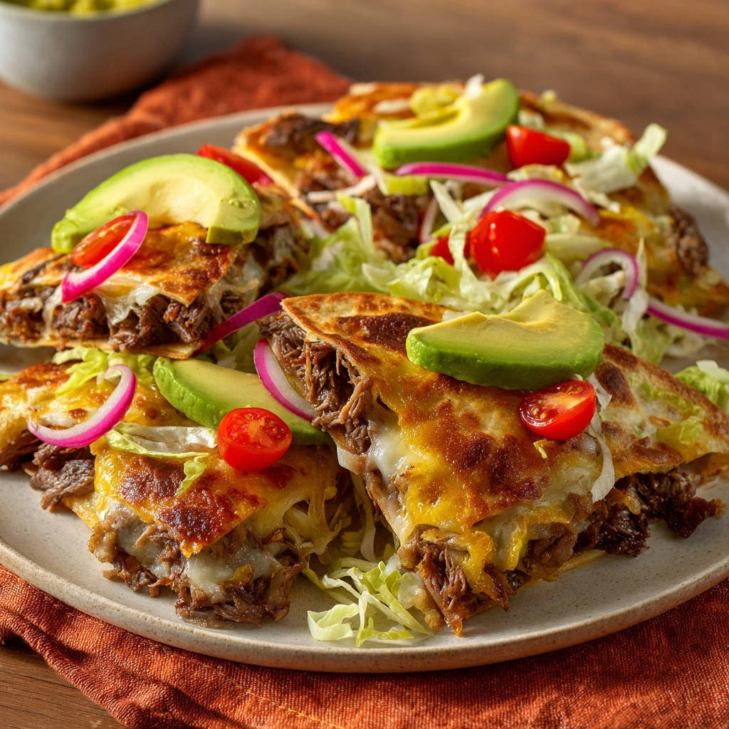 Saftige Rindfleisch-Quesadillas serviert, mit einem Blick auf den geschmolzenen Käse und das zarte Fleisch in der Mitte, garniert mit frischen Zutaten.
