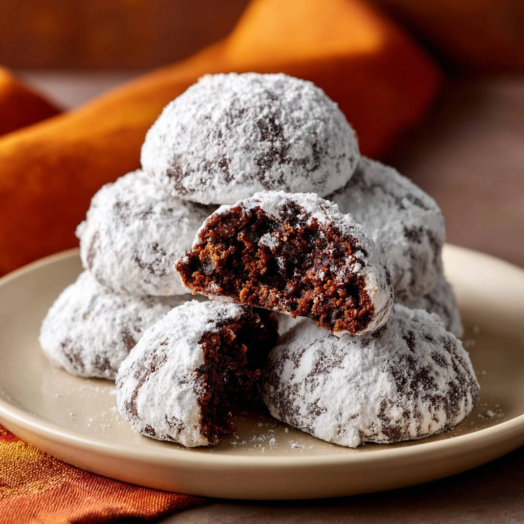 Saftige Schokoladen-Crinkle-Cookies im Nahaufnahme-Querschnitt, der die wunderbar krümelige Innenstruktur dieser köstlichen Kekse zeigt.