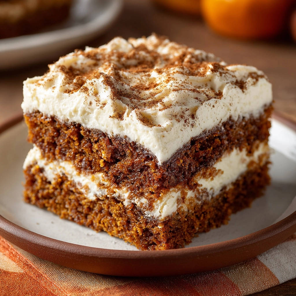 Saftiger Gewürzkuchen mit Frischkäse-Creme zeigt einen köstlichen Querschnitt mit cremiger Frischkäse-Schicht und Zimt-Topping.