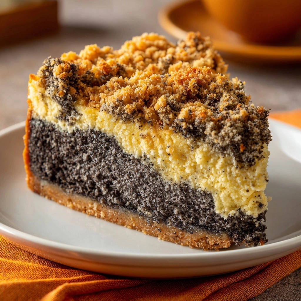 Saftiger Mohn Quark Streuselkuchen Querschnitt 1 Saftiger Mohn-Quark-Streuselkuchen präsentiert einen detaillierten Querschnitt, der die saftigen Mohn-, Quark- und Streuselschichten deutlich zeigt.