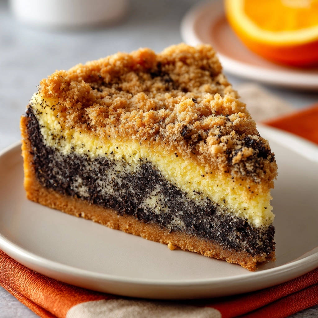 Saftiger Mohn-Quark-Streuselkuchen zeigt einen detailreichen Querschnitt durch die Schichten, mit knusprigen Streuseln und saftigem Inneren.