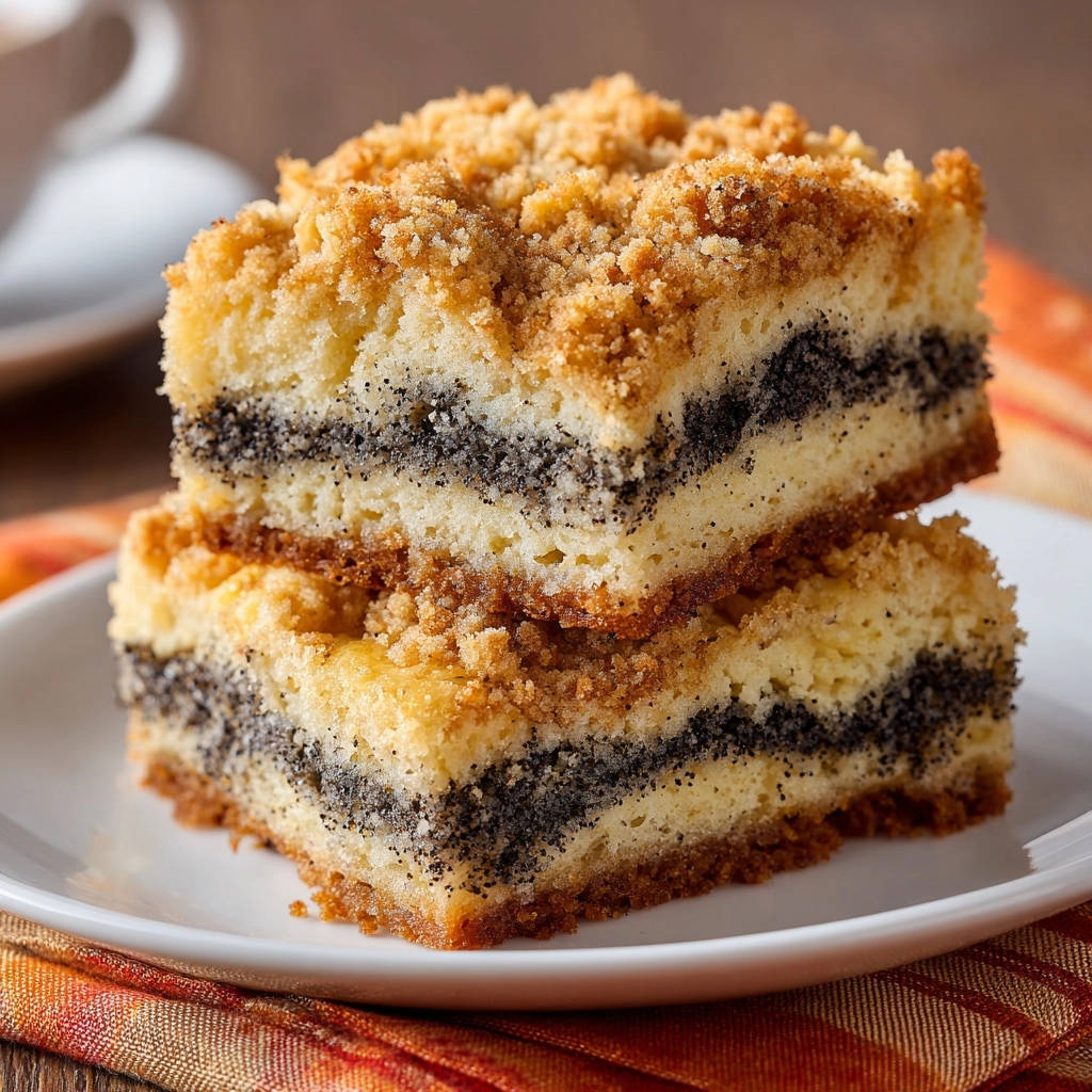 Saftiger Mohn-Streuselkuchen mit Quark in Nahaufnahme, ein Anschnitt zeigt die verschiedenen Schichten und die saftige Textur.