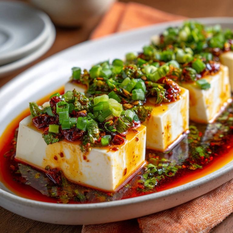 Seidentofu mit würzigem Chili-Kräuter-Öl in einer Nahaufnahme von oben serviert, mit frischen Kräutern und Chiliöl garniert.