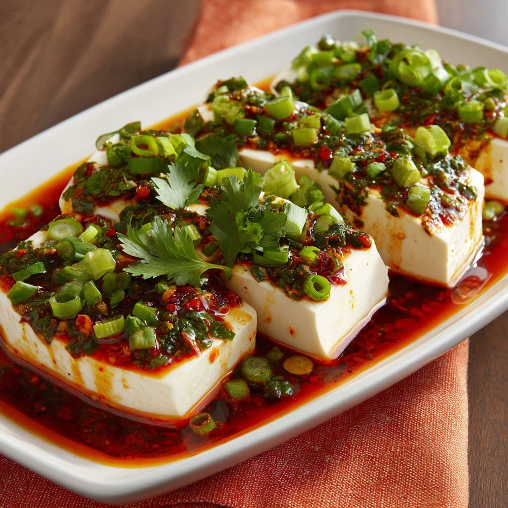 Seidentofu Mit Wuerzigem Chili Kraeuter Oel Serviert 1 Seidentofu mit würzigem Chili-Kräuter-Öl serviert auf einem weißen Teller, garniert mit frischen Kräutern und Frühlingszwiebeln.