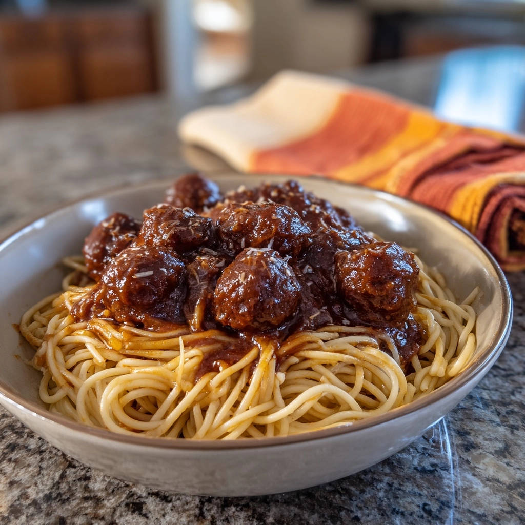 Spaghetti Mit Fleischbaellchen Serviert 1 2 Spaghetti mit herzhaften Fleischbällchen, serviert in einer tiefen Schüssel, mit reichlich Sauce und geriebenem Käse bestreut.