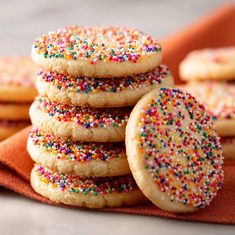 Strahlende Regenbogen-Streuselplätzchen in Nahaufnahme, von bunten Streuseln bedeckt, auf einem orangefarbenen Stoff drapiert. Köstliche Kekse zum Backen!