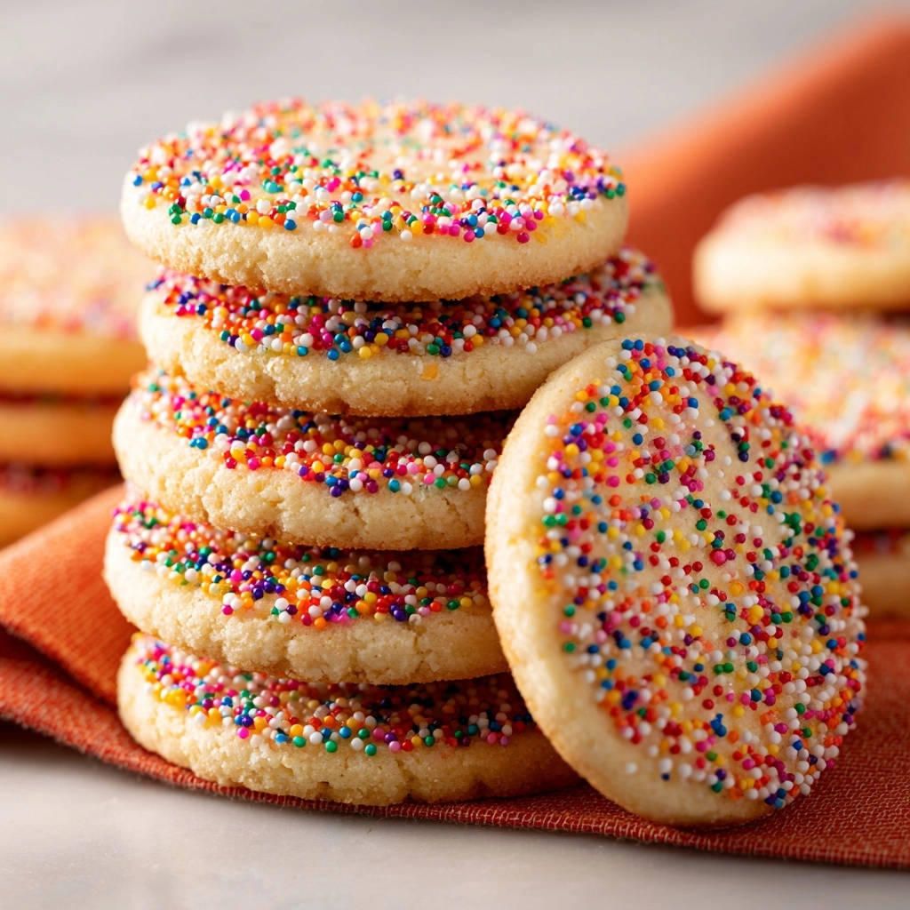 Strahlende Regenbogen-Streuselplätzchen in Nahaufnahme, von bunten Streuseln bedeckt, auf einem orangefarbenen Stoff drapiert. Köstliche Kekse zum Backen!