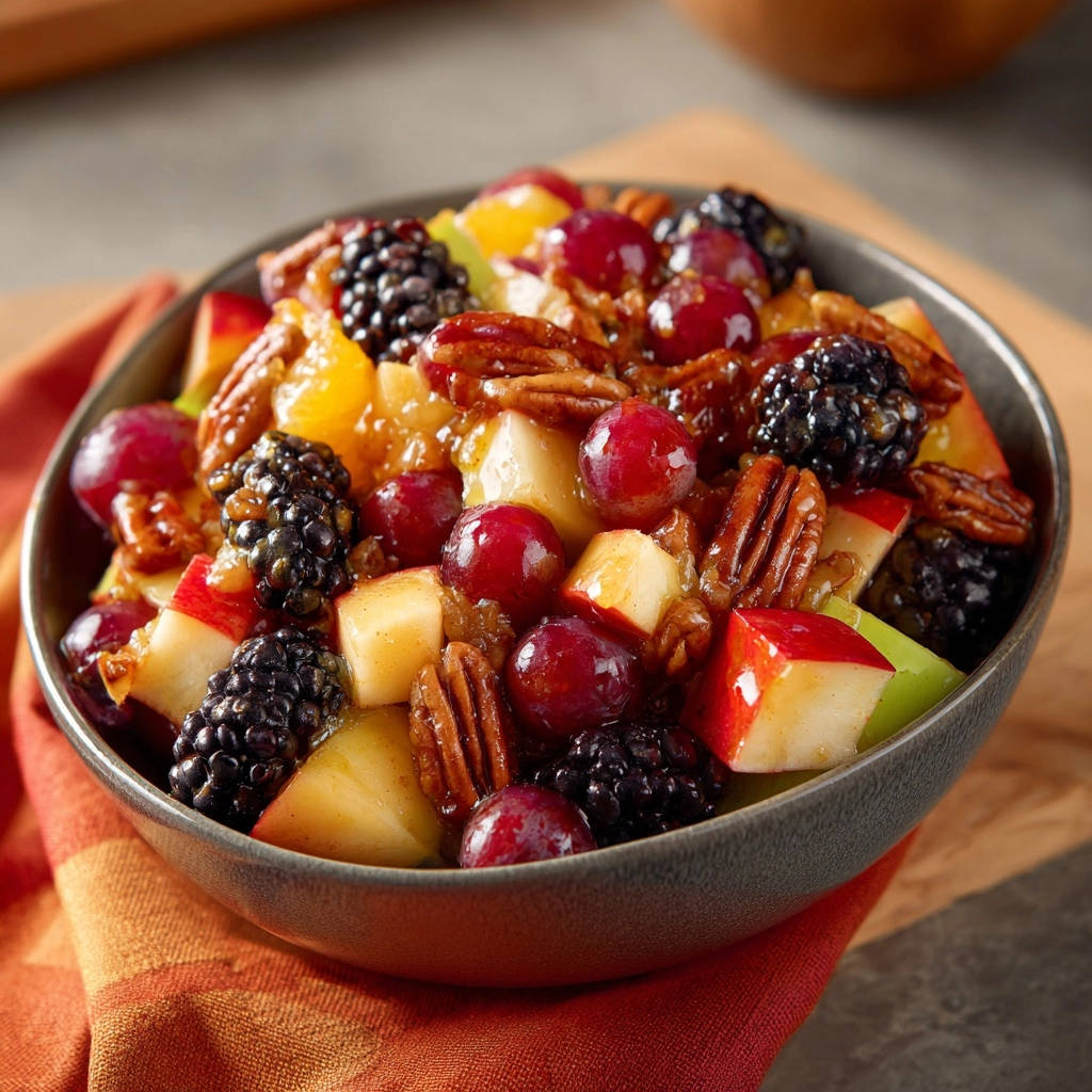 Strahlender Früchte-Traum in einer Nahaufnahme, serviert in einer grauen Schüssel, garniert mit Pecannüssen und Beeren.