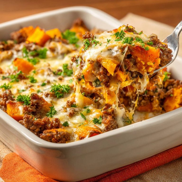 Süßkartoffel-Hackfleisch-Gratin, serviert auf einer Gabel, zeigt geschmolzenen Käse und die saftige Füllung mit Hackfleisch und Süßkartoffeln.