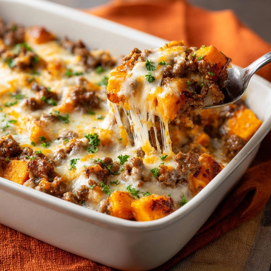 Suesskartoffel Hackfleisch Gratin Portion Auf Loeffel 1 Süßkartoffel-Hackfleisch-Gratin wird auf einem Löffel serviert. Der Käse zieht sich beim Herausnehmen aus der Auflaufform.