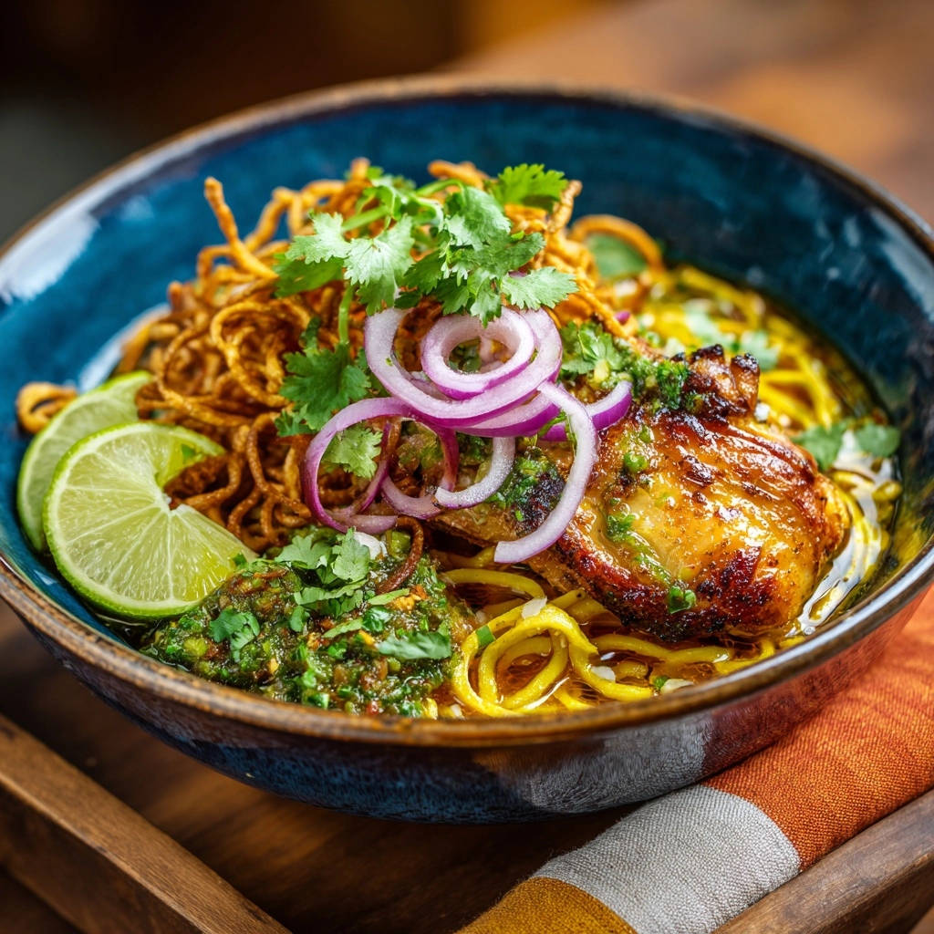 Thai-Curry mit knusprigem Hähnchen serviert in einer tiefblauen Schüssel, garniert mit frischem Koriander und roten Zwiebeln.