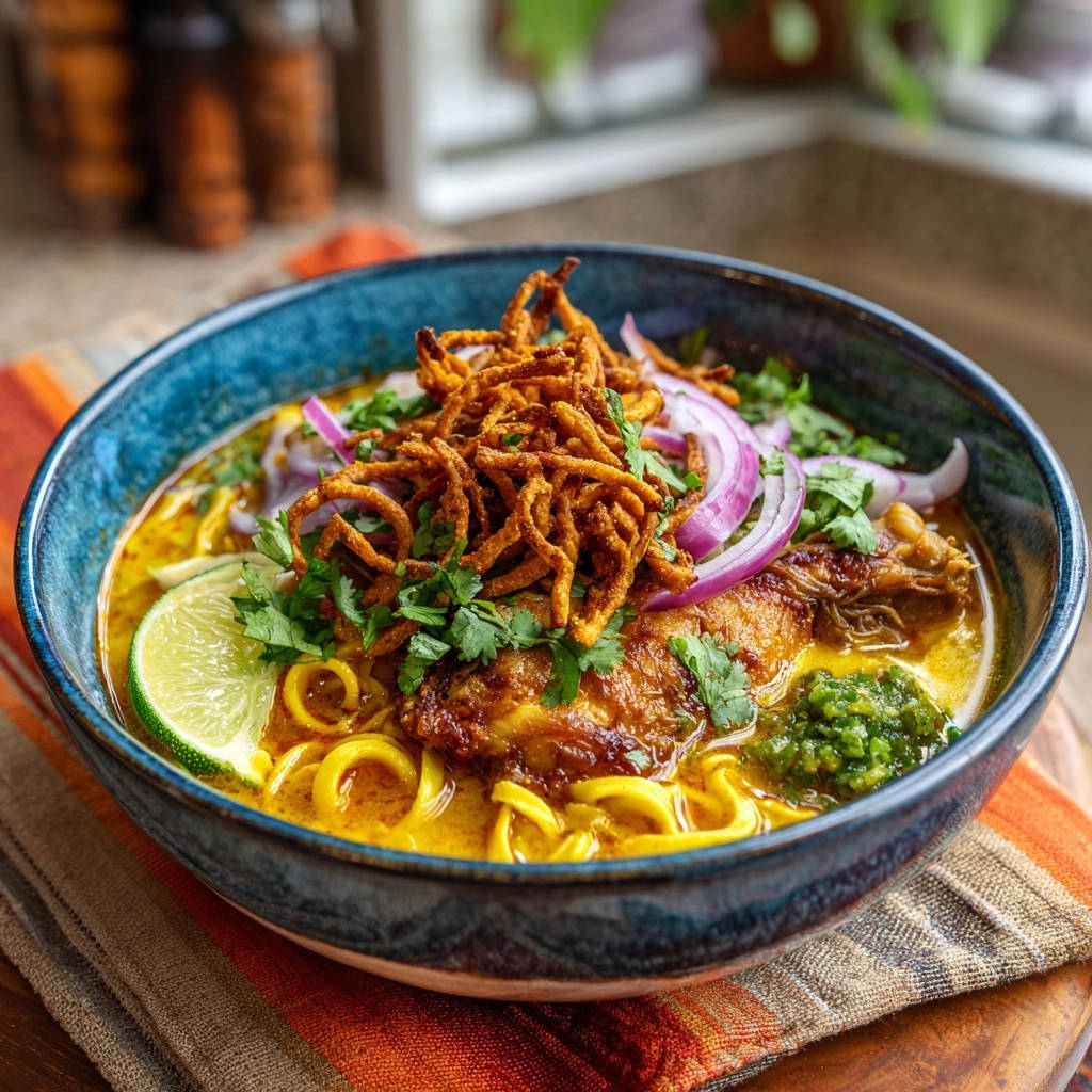 Thai Curry Mit Knusprigem Huhn Draufsicht 1 Thai-Curry mit knusprigem Hähnchen, serviert in einer tiefen blauen Schüssel, garniert mit frischen Kräutern und Zwiebeln.