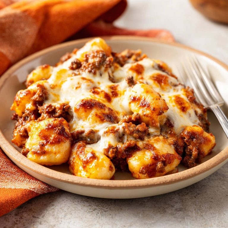 Überbackene Gnocchi mit Hackfleischsoße, serviert in einer rustikalen Schale. Die Gnocchi sind mit geschmolzenem Käse bedeckt.