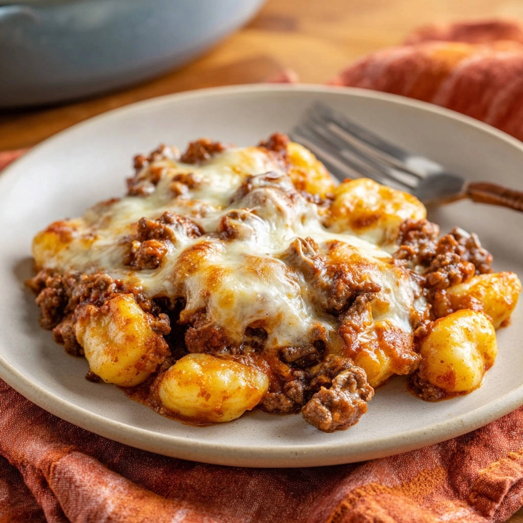 Überbackene Gnocchi mit Hackfleischsoße, serviert auf einem hellen Teller, garniert mit geschmolzenem Käse und daneben eine Gabel.