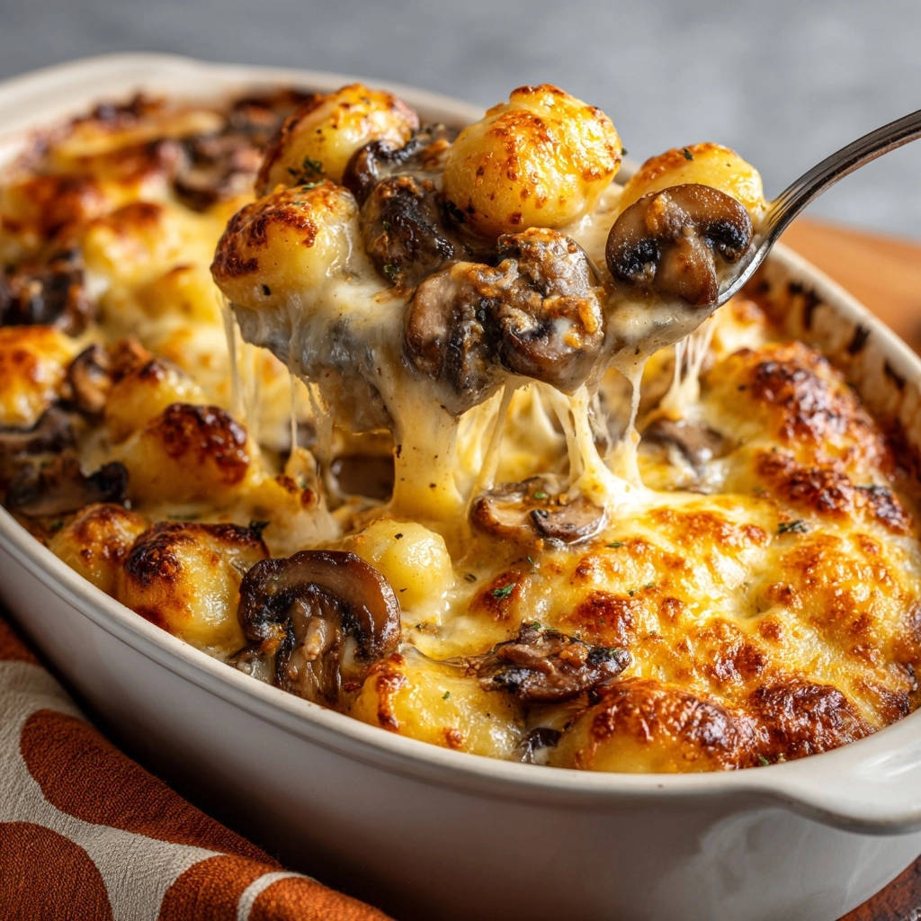 Ueberbackene Gnocchi Mit Pilzen Nahaufnahme Kaese 1 Überbackene Gnocchi mit Pilzen in einer Nahaufnahme, die den geschmolzenen Käse und die gebratenen Pilze zeigt, die von einer Gabel gehoben werden.