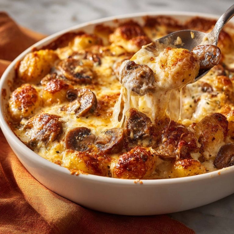 Überbackene Gnocchi mit Pilzen in Nahaufnahme, mit geschmolzenem Käse und Pilzen, die von einem Löffel abgehoben werden.
