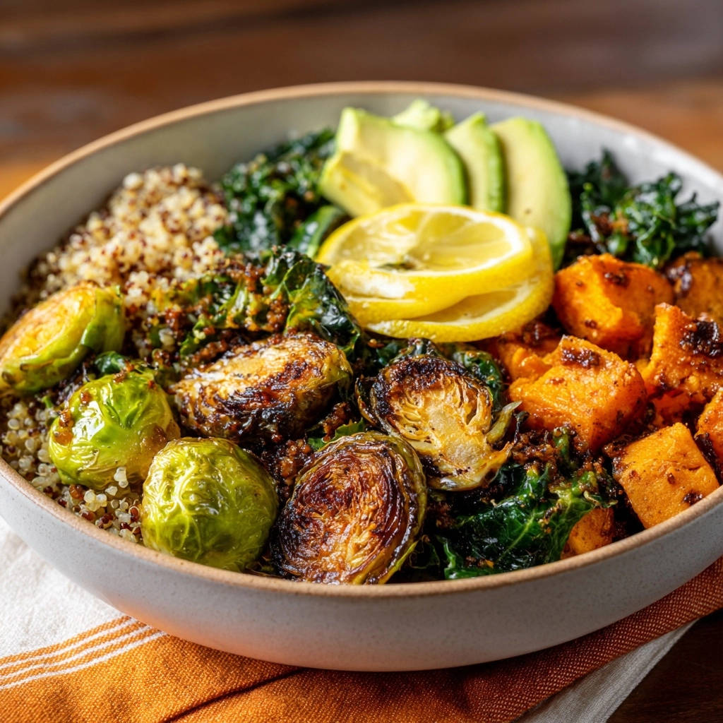 Veggie Power Bowl Mit Ofengemuese Draufsicht 1 Veggie Power Bowl mit Ofengemüse in einer Schüssel aus der Draufsicht, mit gerösteten Rosenkohl, Süßkartoffeln und Avocado.