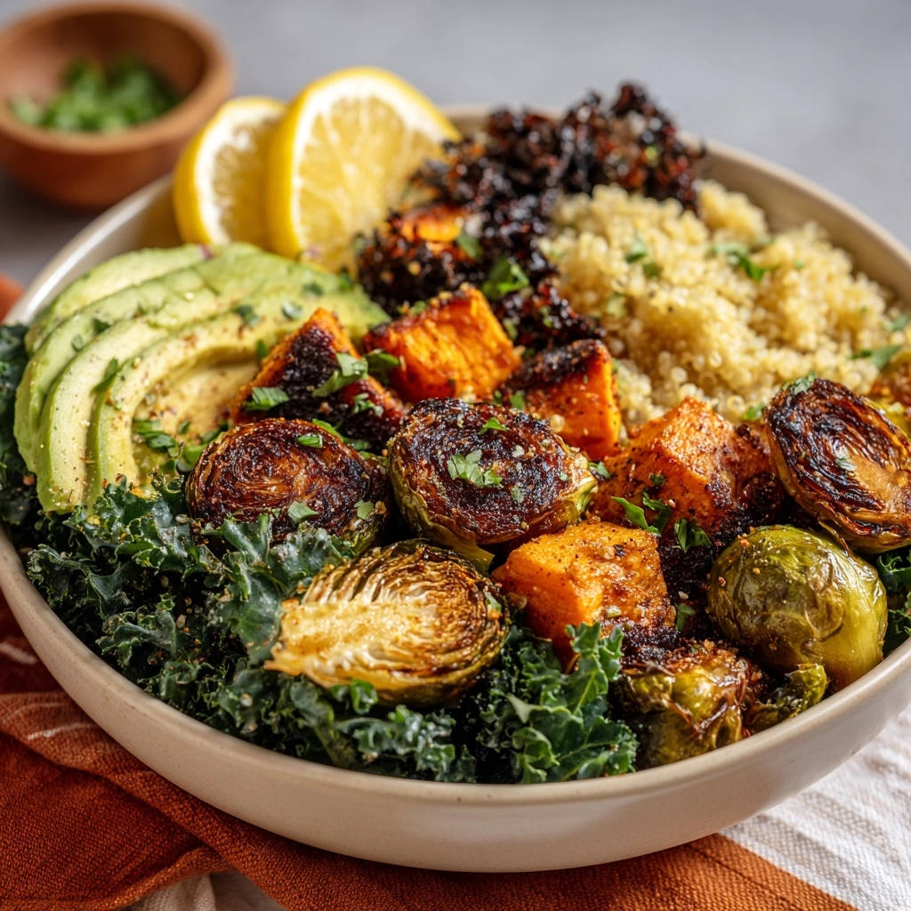 Veggie Power Bowl mit Ofengemüse in einer Schüssel, von oben betrachtet. Ein gesundes Gericht mit geröstetem Gemüse und Avocado.