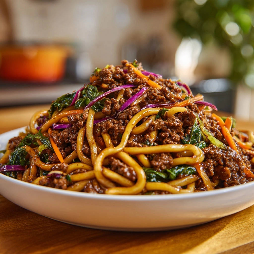 Wurzige Udon Pfanne Mit Rinderhack Draufsicht 1 Würzige Udon-Pfanne mit Rinderhack in einer Nahaufnahme von oben serviert, mit leckerem Hackfleisch und Gemüse.