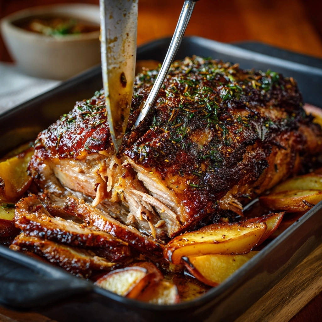 Zarter Ofenbraten mit Kräuter-Kruste und Ofenkartoffeln: Ein saftiger Querschnitt zeigt zartes Fleisch und knusprige Kruste, serviert mit goldbraunen Kartoffeln.