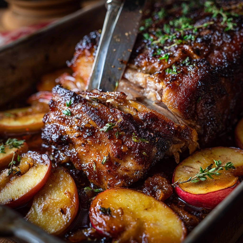 Zarter Ofenbraten mit Kräuter-Kruste zeigt einen Anschnitt, der die saftige Textur des Bratens und die knusprige Kruste hervorhebt.