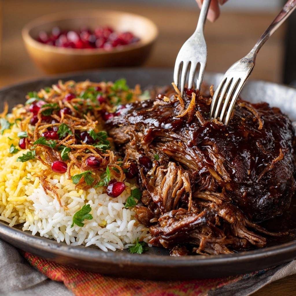 Zartes Lamm mit Safranreis, Granatapfel und knusprigen Zwiebeln