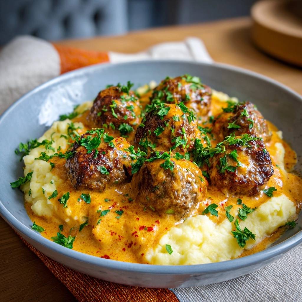 Saftige Hackbällchen in cremiger Soße auf Kartoffelpüree