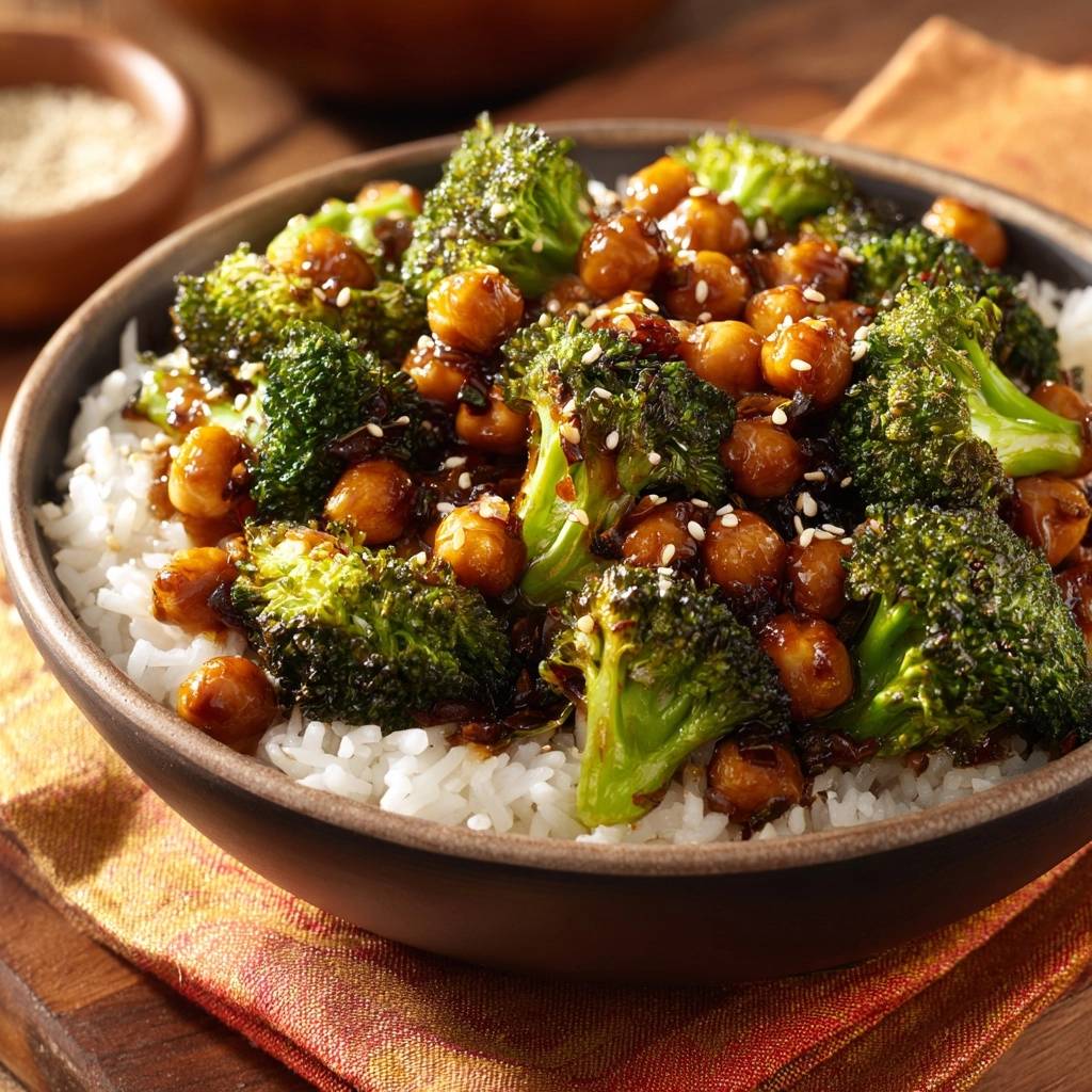 Knackiger Sesam-Brokkoli mit Kichererbsen auf Reis