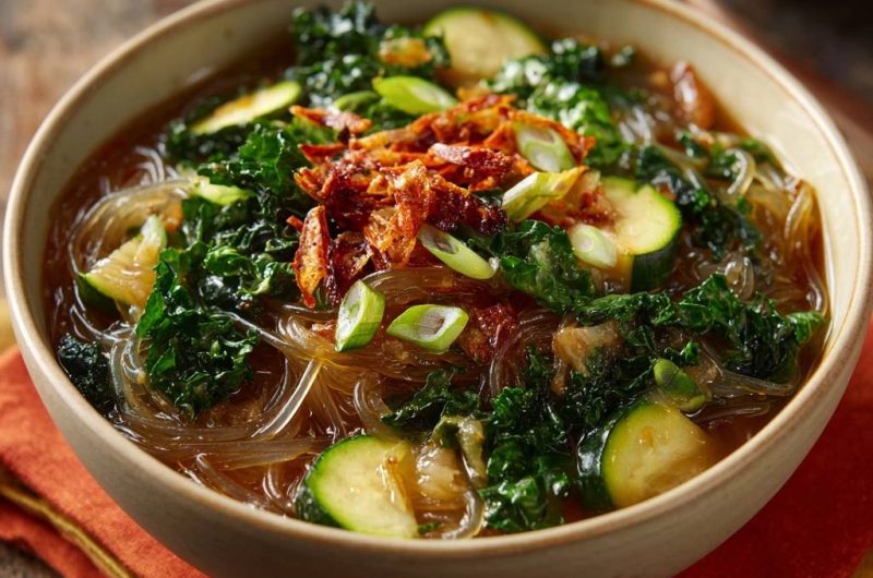 Asiatische Glasnudel-Suppe mit Kale und Zucchini (Nie wieder matschige Nudeln!)