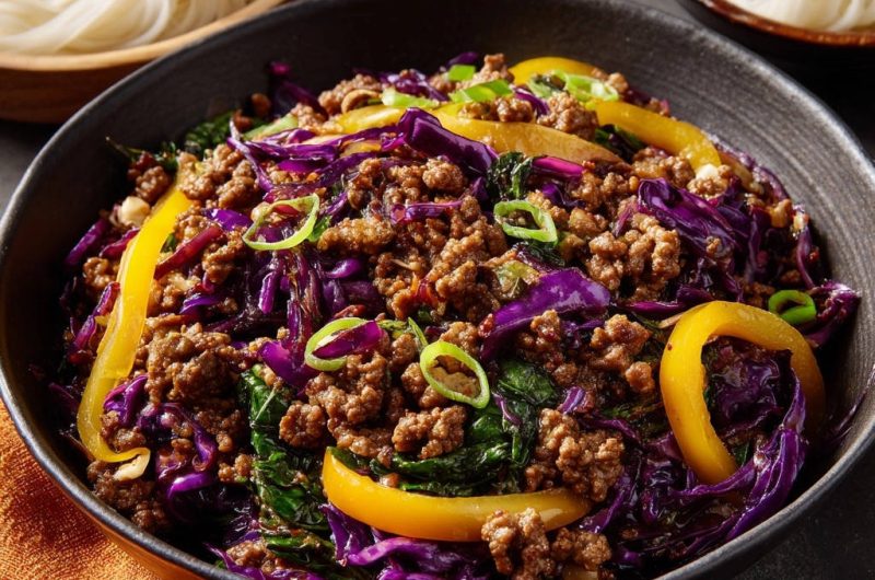 Asiatische Hackfleischpfanne mit Rotkohl & Paprika