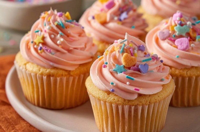 Bunte Vanille-Cupcakes mit Pink-Frosting