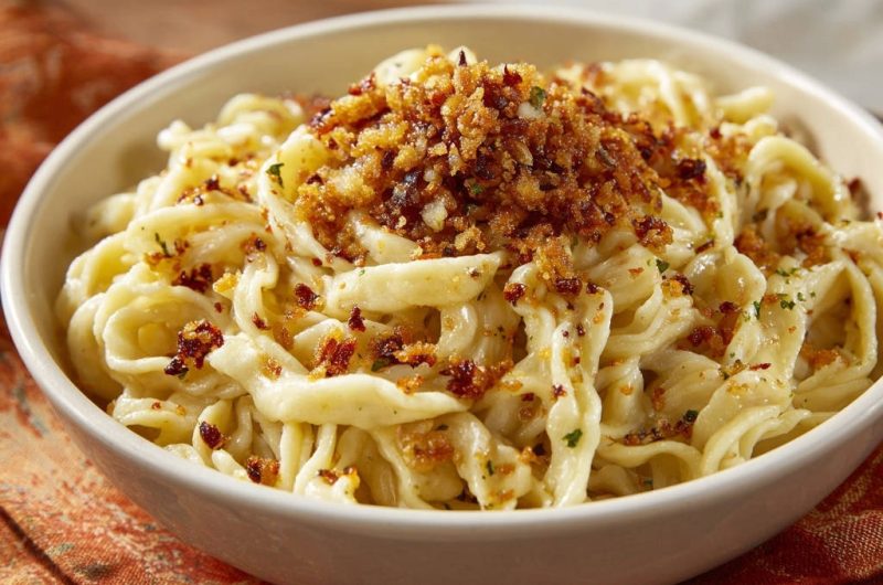 Cremige Bandnudeln mit Knusper-Speckbröseln