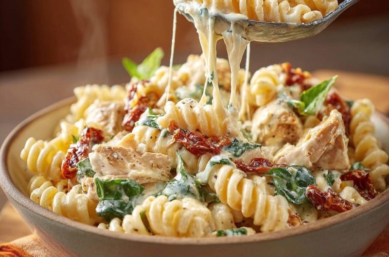 Cremige Fusilli mit Hähnchen, Spinat & Tomaten
