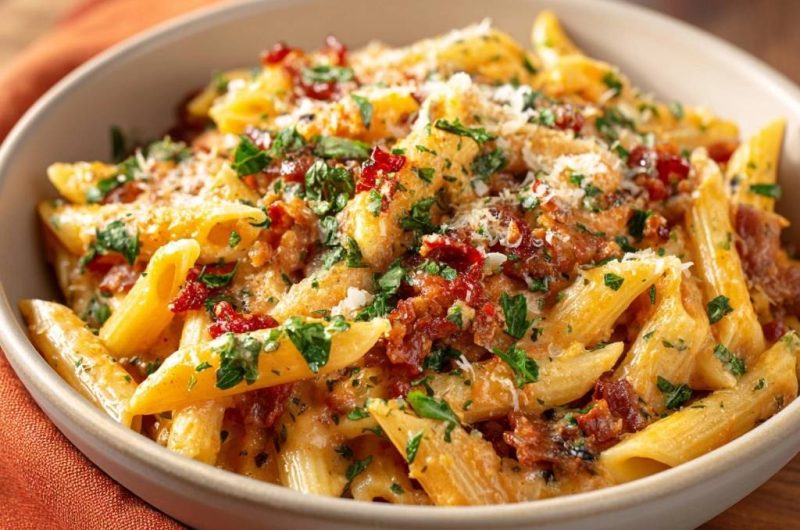 Cremige Penne mit Speck und Sonnentomaten (Nie wieder matschiger Speck!)