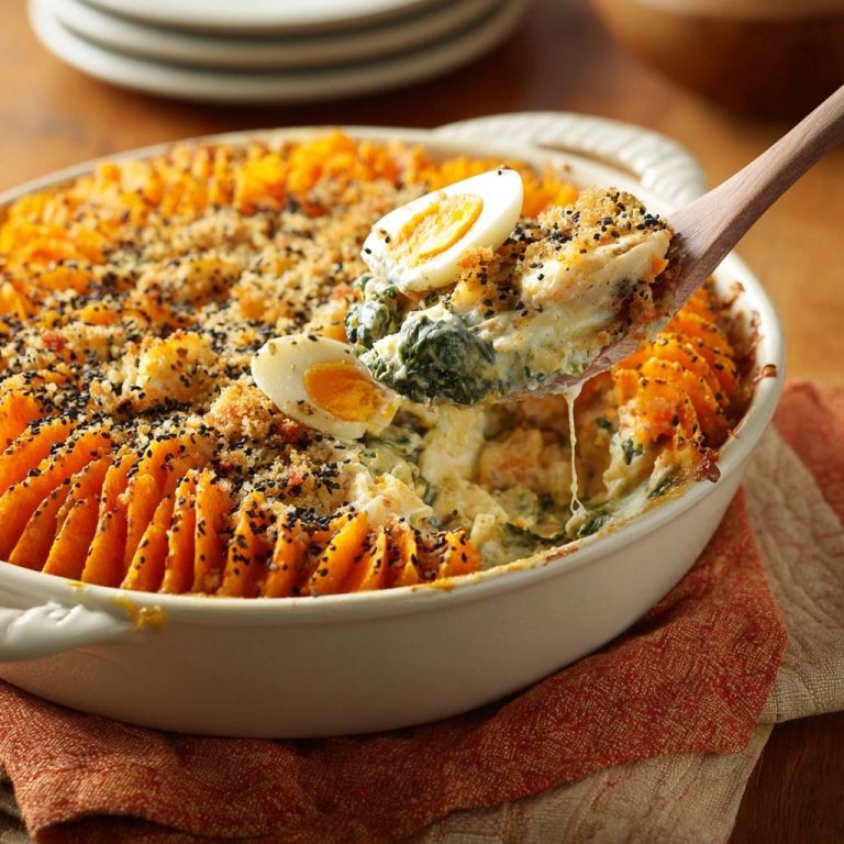 Cremiger Süßkartoffel-Spinat-Fisch-Auflauf mit Sesamkruste