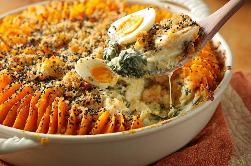 Cremiger Süßkartoffel-Spinat-Fisch-Auflauf mit Sesamkruste (Keine wässrige Soße mehr)