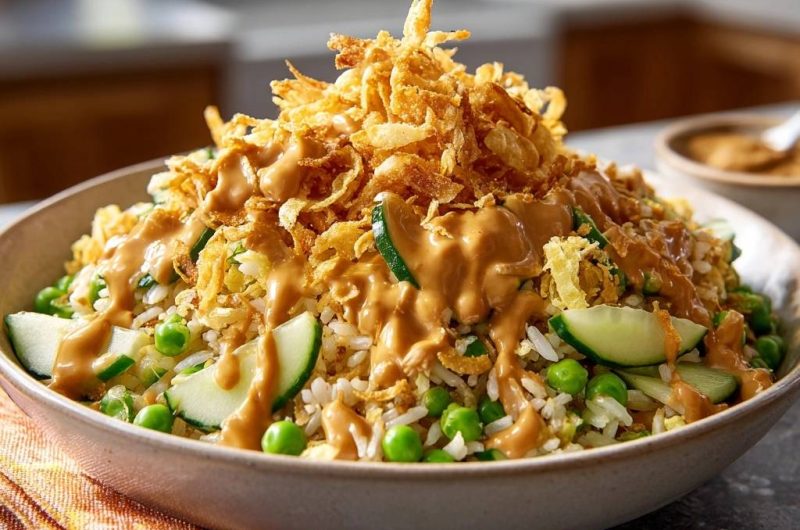 Erdnuss-Reis-Bowl mit Knusprigen Zwiebeln