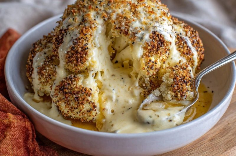 Ganzer Ofen-Blumenkohl mit Parmesan-Kruste und cremiger Käsesauce