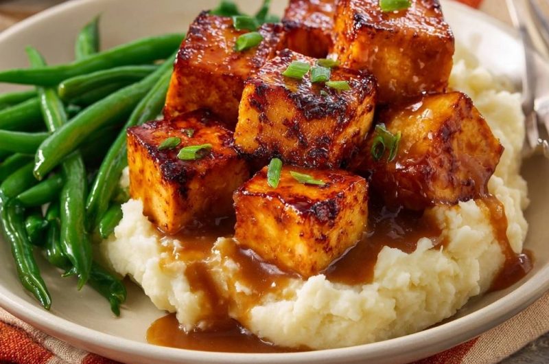Glasierter Tofu mit grünen Bohnen und cremigem Kartoffelpüree