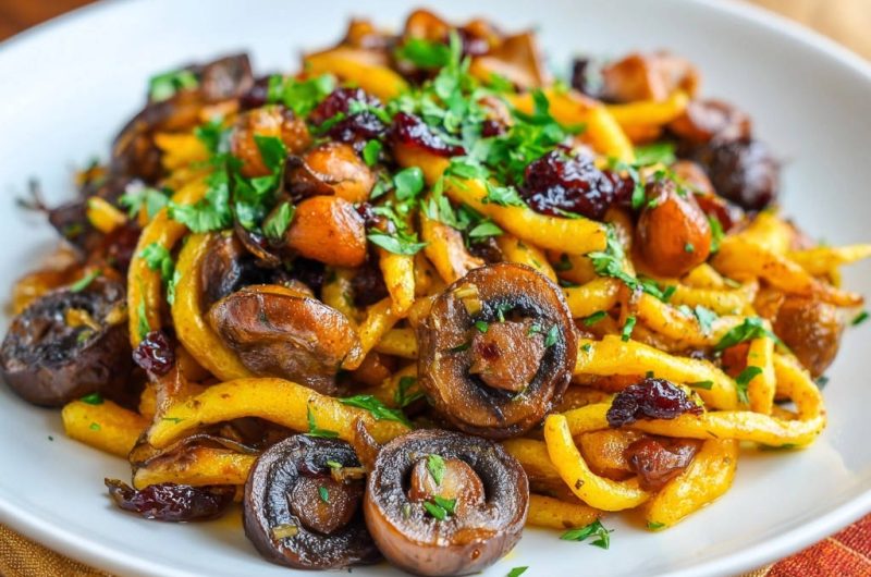 Goldbraune Spätzle-Pilzpfanne mit Cranberries