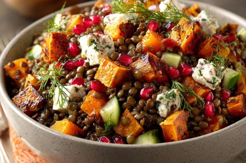 Herbstlicher Kürbis-Linsen-Salat mit Feta & Granatapfel