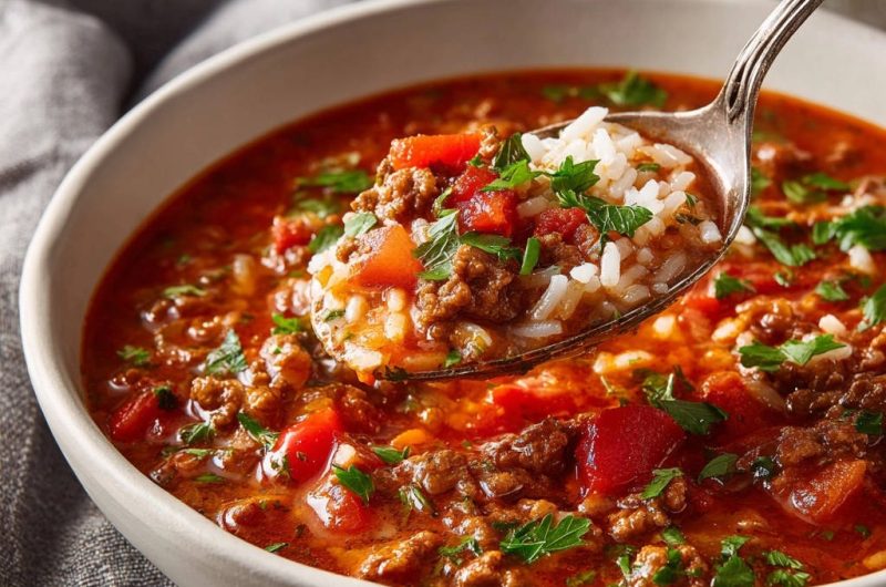 Herzhafte Hackfleisch-Tomatensuppe mit Reis