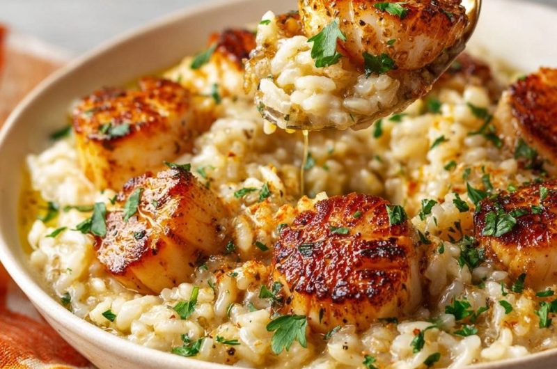 Knusprige Jakobsmuscheln auf cremigem Risotto