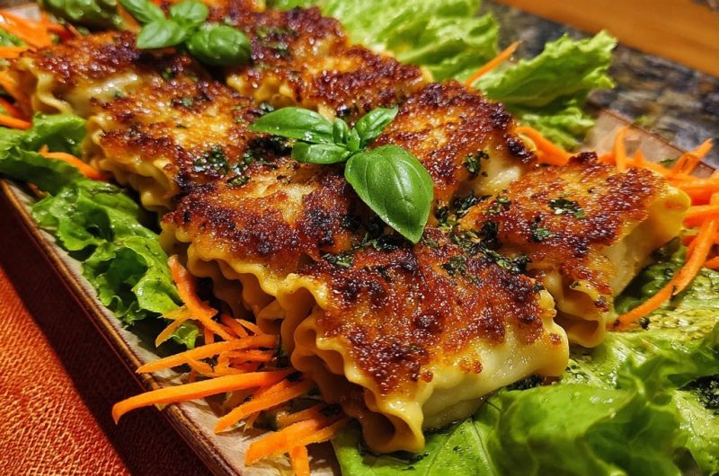 Knusprige Lasagne-Röllchen auf frischem Salat