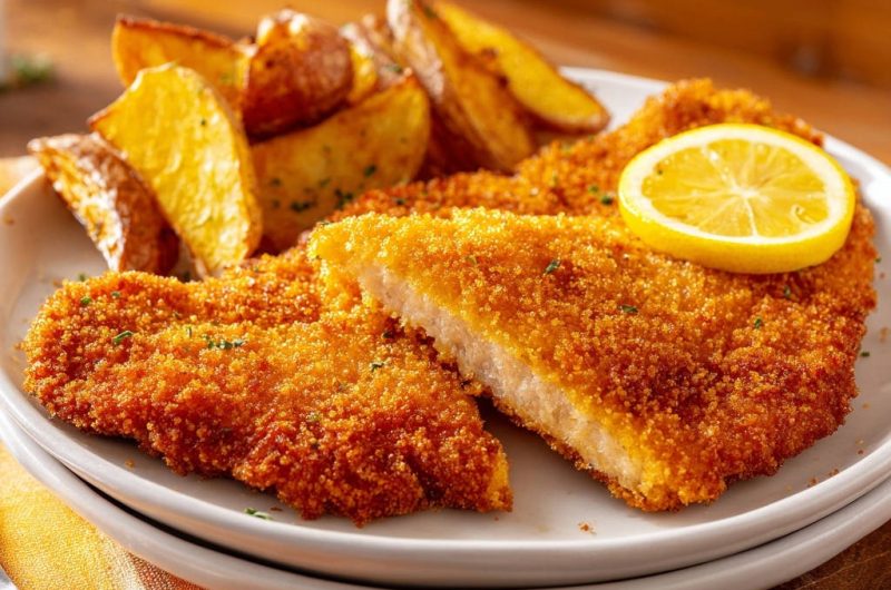Knuspriges Hähnchen-Schnitzel mit Rosmarin-Wedges
