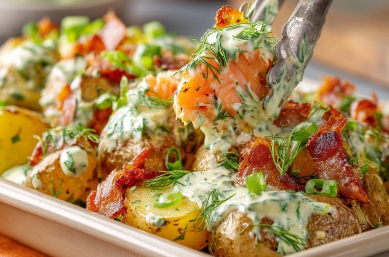 Ofen-Lachs mit Dill-Sahne, Knusper-Bacon und Rosmarin-Kartoffeln