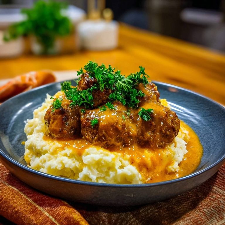 Saftige Hackbällchen in cremiger Soße auf Kartoffelpüree