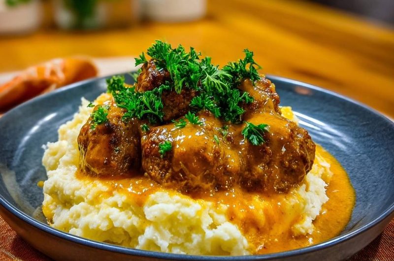 Saftige Hackbällchen in cremiger Soße auf Kartoffelpüree